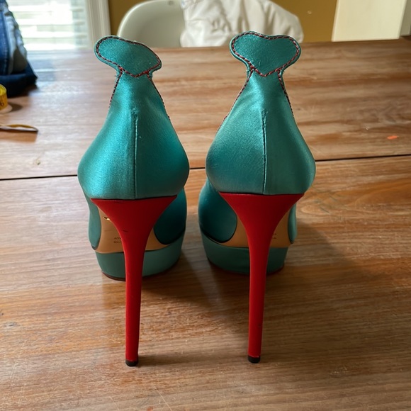 Charlotte Olympia Turquoise/Red Satin Josephine Platform Pumps Size 37.5 - Picture 6 of 12